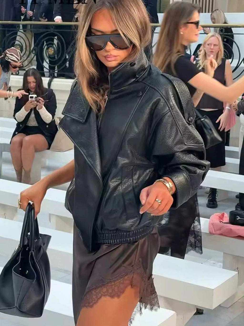 TFMLN Chic Black Faux Leather Jackets Women Long Sleeve Buttons Elastic Oversized Coats Fashion 2025 Autumn Winter Streetwear