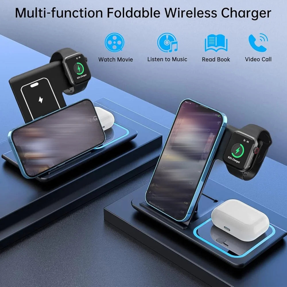 3 in 1 Foldable Wireless Charging Station for iPhone 17 16 15 14 13 Pro Max iWatch Ultra Airpods Pro Fast Charger Stand Dock