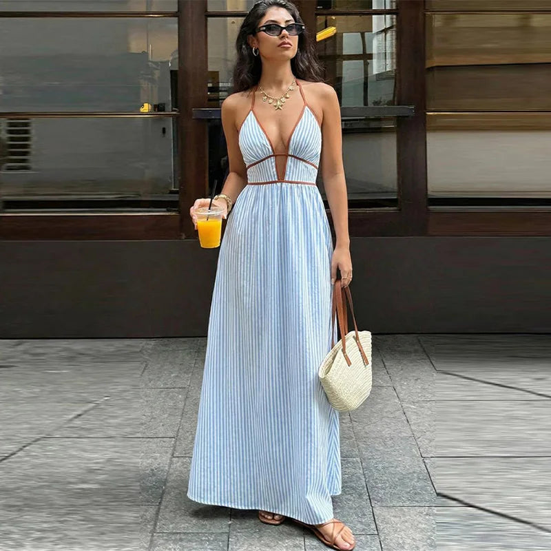 Summer New Deep V-neck Stripe Holiday Style Dress Backless Sleeveless Hanging Neck Long Dresses Women Elegant Casual Fashion