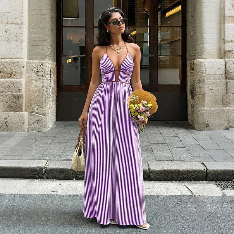 Summer New Deep V-neck Stripe Holiday Style Dress Backless Sleeveless Hanging Neck Long Dresses Women Elegant Casual Fashion