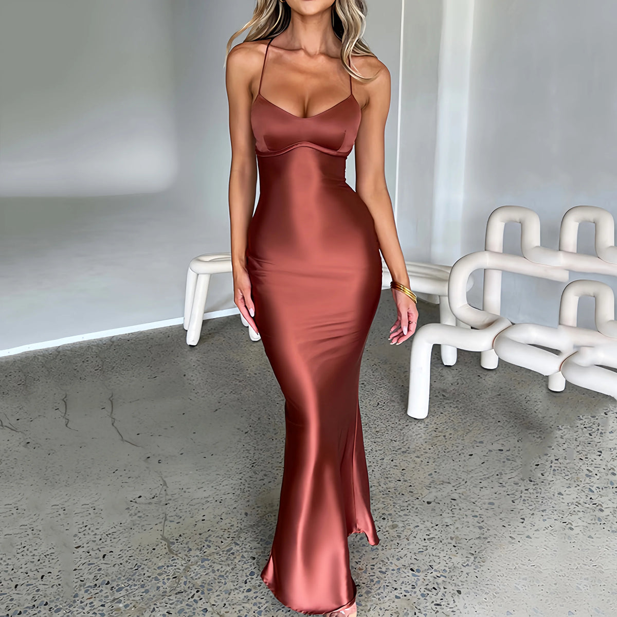 Women's Spaghetti Strap Satin Backless Sexy Dress Summer Beauty Elegant Party Evening Dress Tight Long Dress