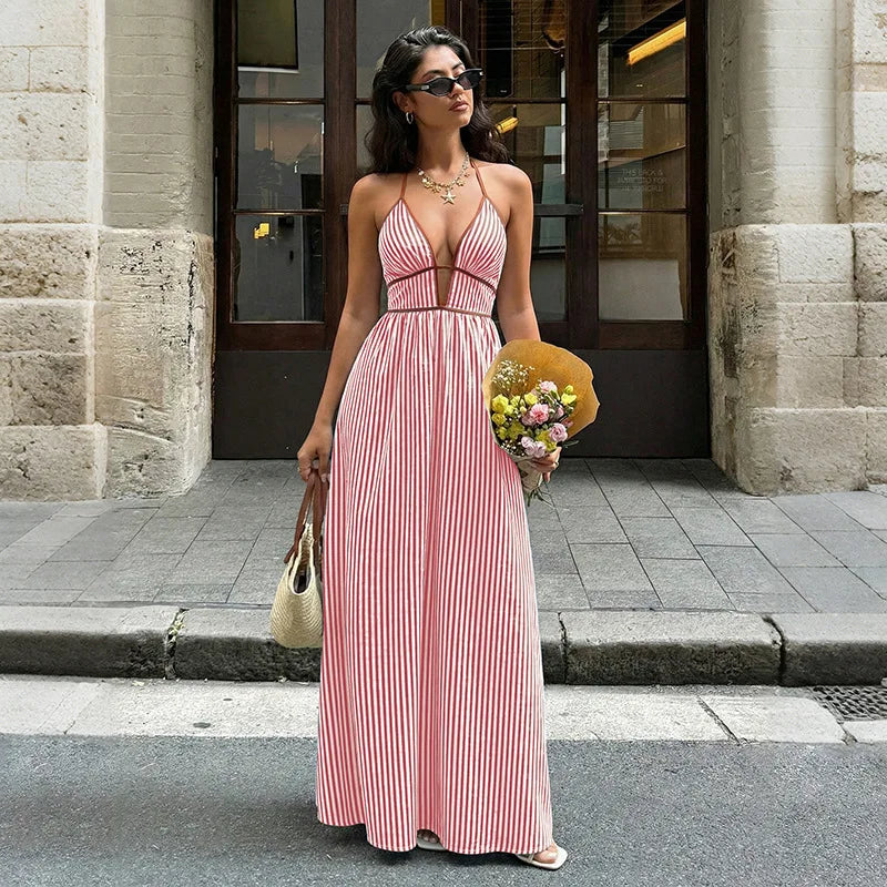 Summer New Deep V-neck Stripe Holiday Style Dress Backless Sleeveless Hanging Neck Long Dresses Women Elegant Casual Fashion
