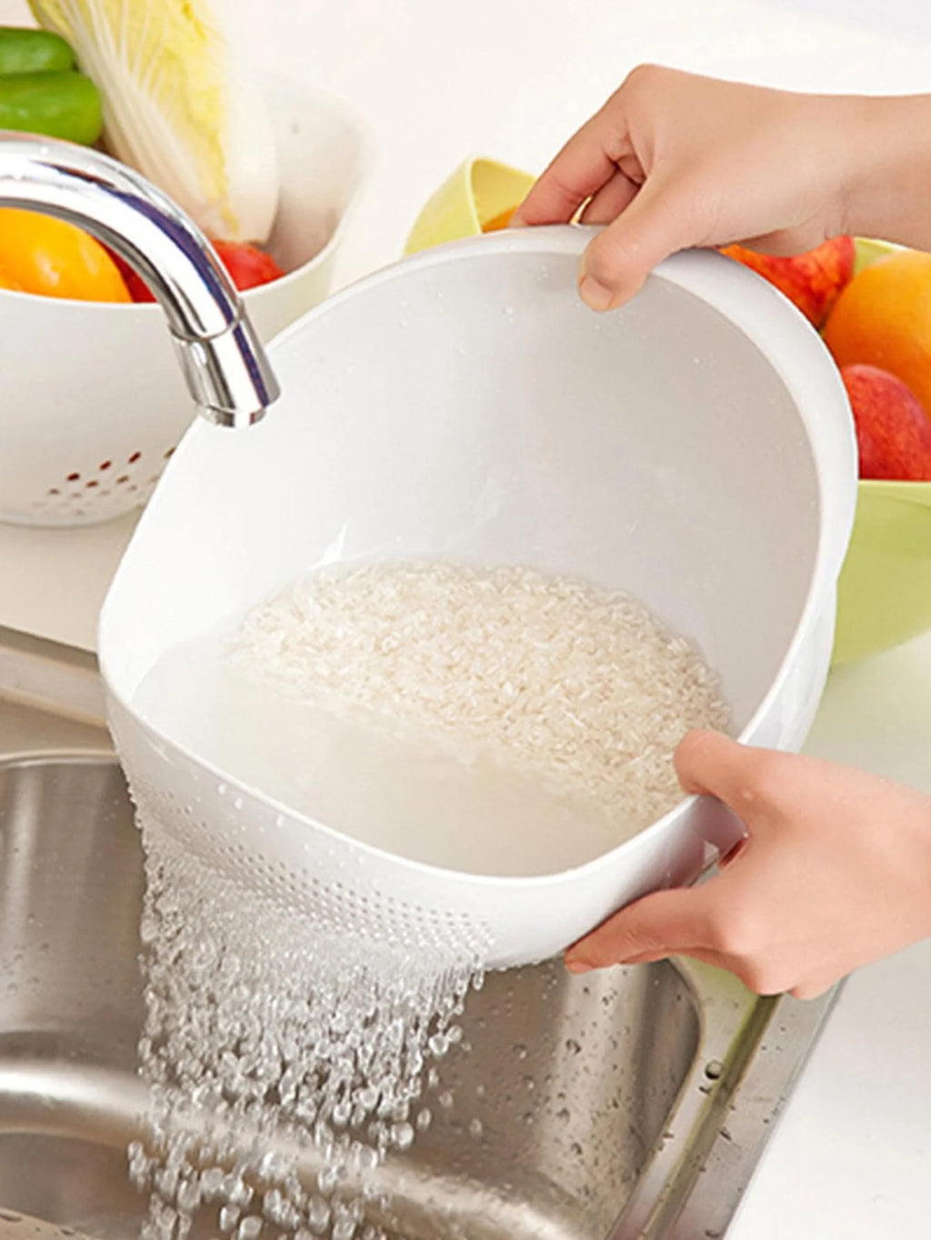 Colander Rice Bowl & Drain Basket with Handle – Fruit & Vegetable Washing Basket