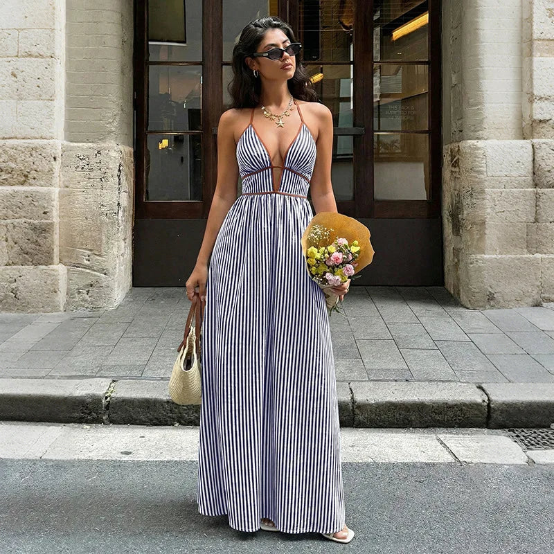 Summer New Deep V-neck Stripe Holiday Style Dress Backless Sleeveless Hanging Neck Long Dresses Women Elegant Casual Fashion