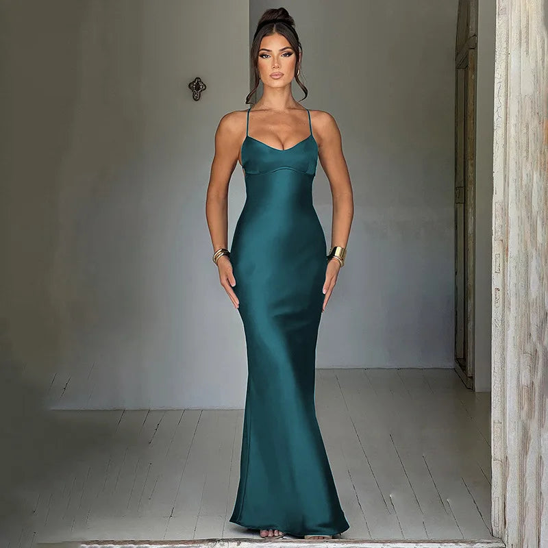 Women's Spaghetti Strap Satin Backless Sexy Dress Summer Beauty Elegant Party Evening Dress Tight Long Dress