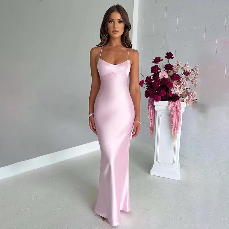 Women's Spaghetti Strap Satin Backless Sexy Dress Summer Beauty Elegant Party Evening Dress Tight Long Dress