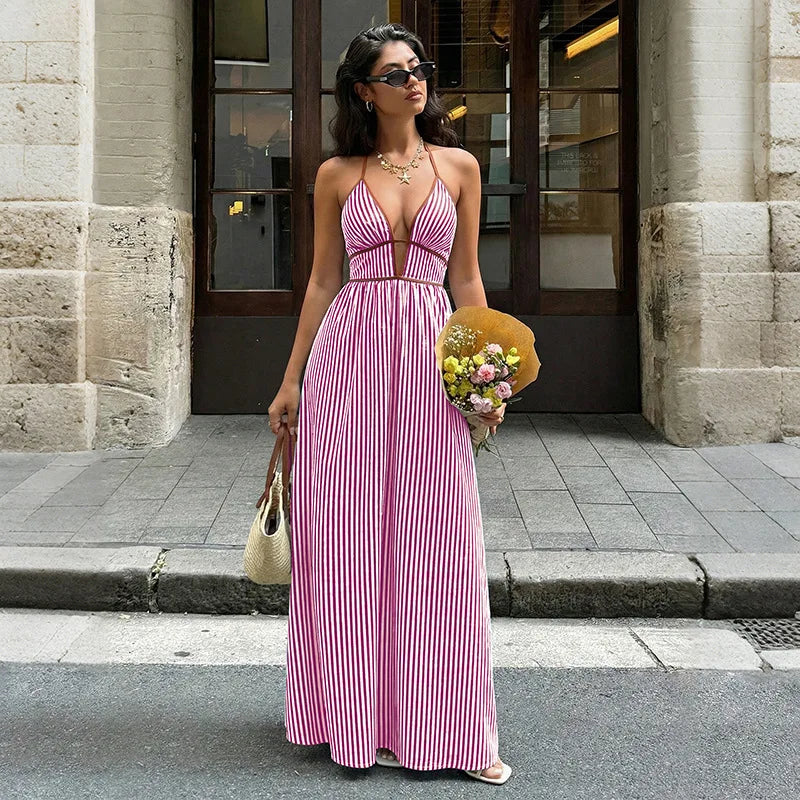 Summer New Deep V-neck Stripe Holiday Style Dress Backless Sleeveless Hanging Neck Long Dresses Women Elegant Casual Fashion