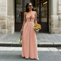 Summer New Deep V-neck Stripe Holiday Style Dress Backless Sleeveless Hanging Neck Long Dresses Women Elegant Casual Fashion