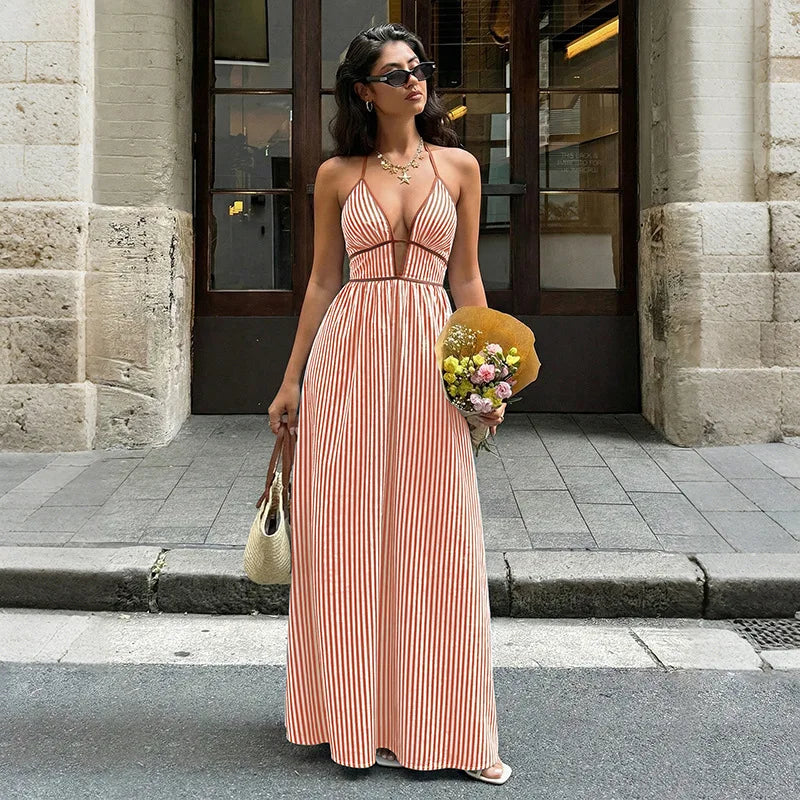 Summer New Deep V-neck Stripe Holiday Style Dress Backless Sleeveless Hanging Neck Long Dresses Women Elegant Casual Fashion