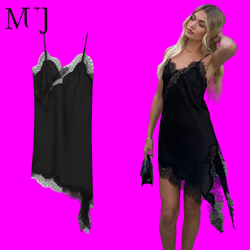 MUJER 2025 Lace Slip Dress Woman Black Backless Short Dresses for Women Asymmetric Party Women's Summer Dress Satin Sexy Dresses