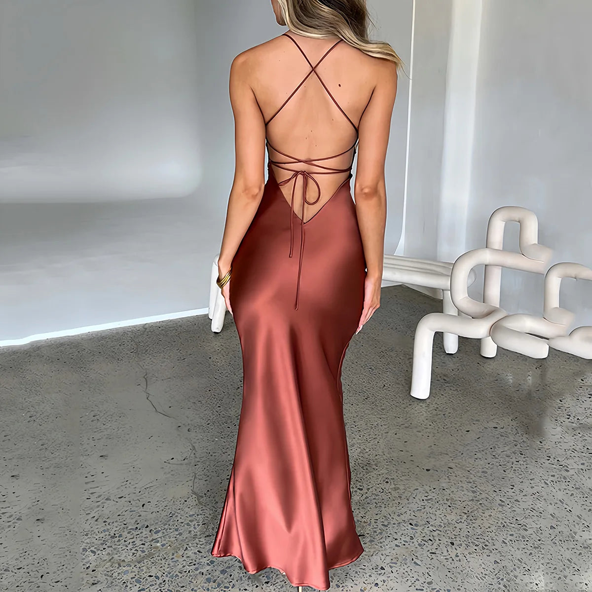 Women's Spaghetti Strap Satin Backless Sexy Dress Summer Beauty Elegant Party Evening Dress Tight Long Dress
