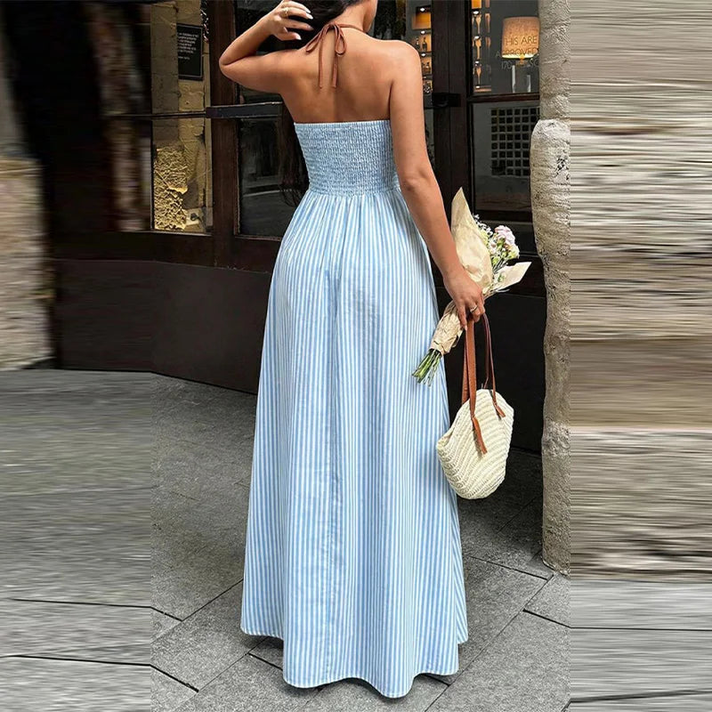 Summer New Deep V-neck Stripe Holiday Style Dress Backless Sleeveless Hanging Neck Long Dresses Women Elegant Casual Fashion