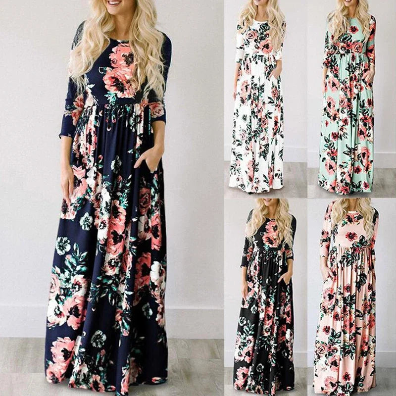 Women Summer Floral Print Maxi  2025 Loose White Boho Beach Dress Women Vintage Evening Party Long Dress Vestidos Female Robe