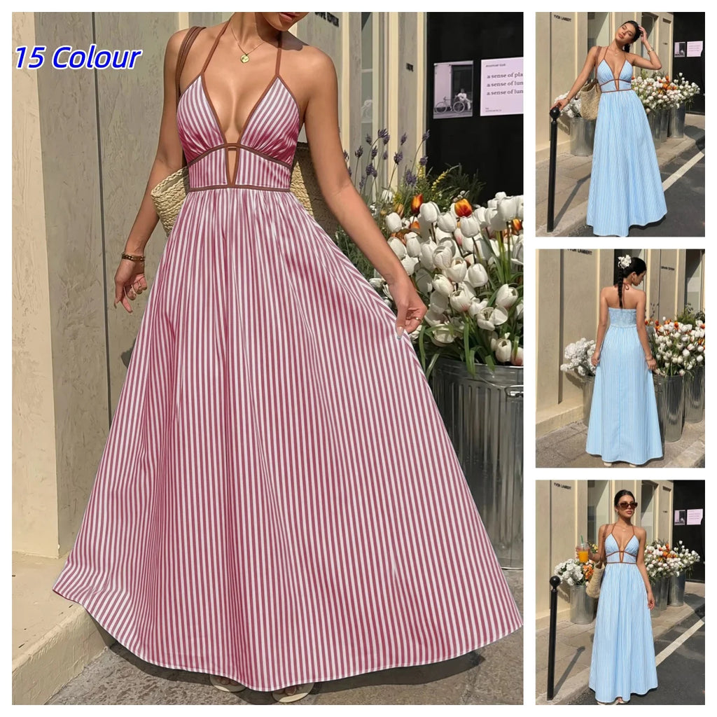 Summer New Deep V-neck Stripe Holiday Style Dress Backless Sleeveless Hanging Neck Long Dresses Women Elegant Casual Fashion