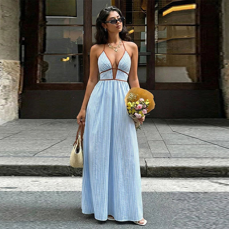 Summer New Deep V-neck Stripe Holiday Style Dress Backless Sleeveless Hanging Neck Long Dresses Women Elegant Casual Fashion