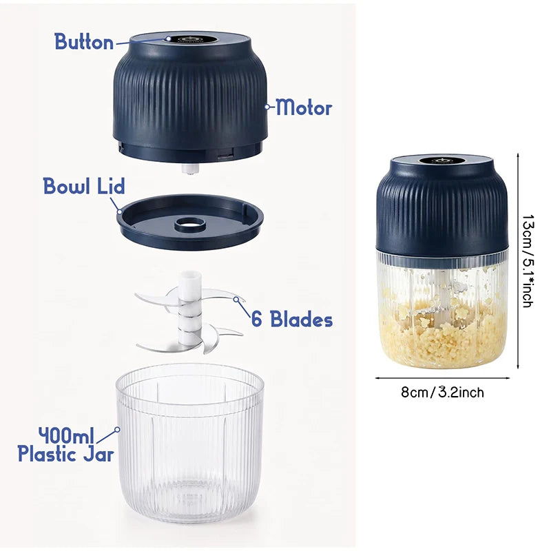 Electric Garlic Chopper with 6 Stainless Steel Blades, Mini Food Processor & Food Chopper for Kitchen, Portable Garlic Mincer