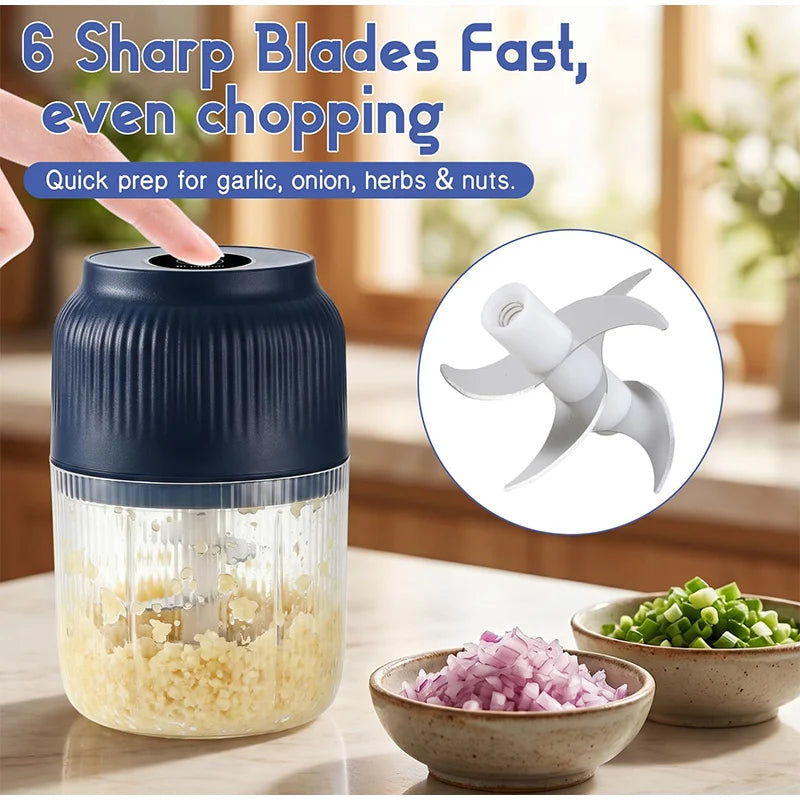 Electric Garlic Chopper with 6 Stainless Steel Blades, Mini Food Processor & Food Chopper for Kitchen, Portable Garlic Mincer