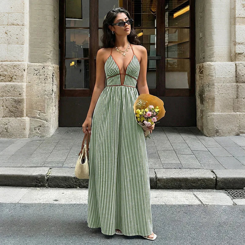Summer New Deep V-neck Stripe Holiday Style Dress Backless Sleeveless Hanging Neck Long Dresses Women Elegant Casual Fashion
